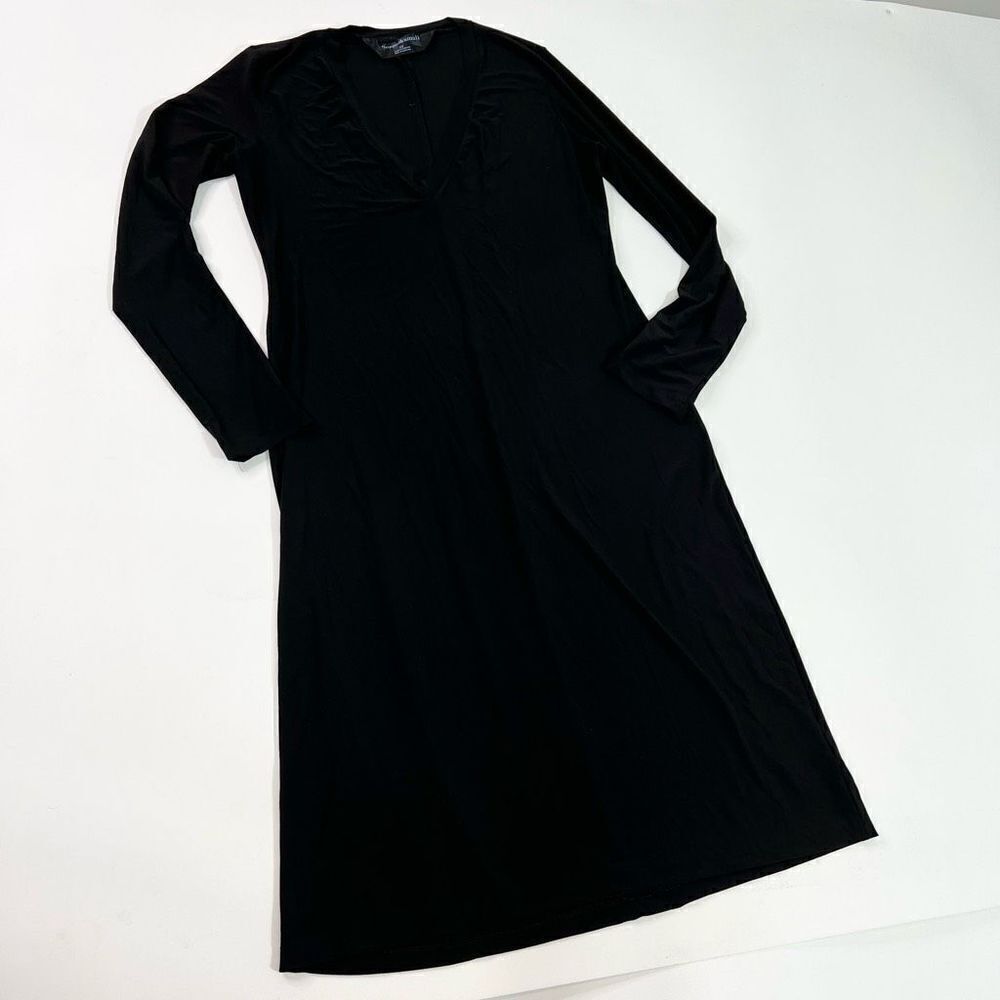 Norma Kamali Fit & Flare Dress Womens Large Black Plunging Neck Long Sleeve Midi